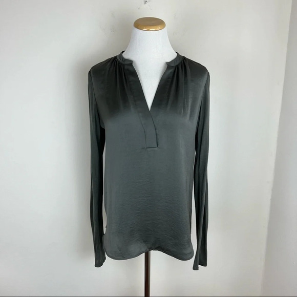 Vince Long Sleeve Split Neck Pullover Blouse Cashmere Blend Gray Green - Picture 1 of 6